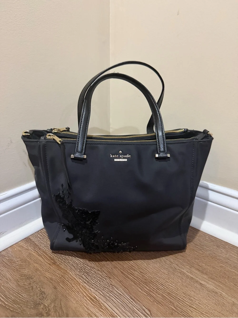 Kate Spade Dawn Black Floral Embellish Nylon Satchel Tote Bag No Shoulder Strap